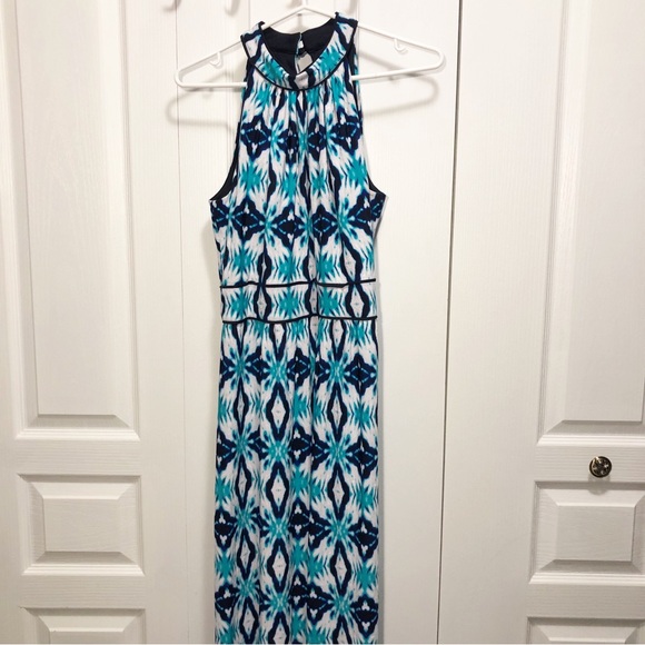 Sandra Darren Ikat Halter Maxi Dress Sleeveless White Navy Blue size 12 - Picture 2 of 7